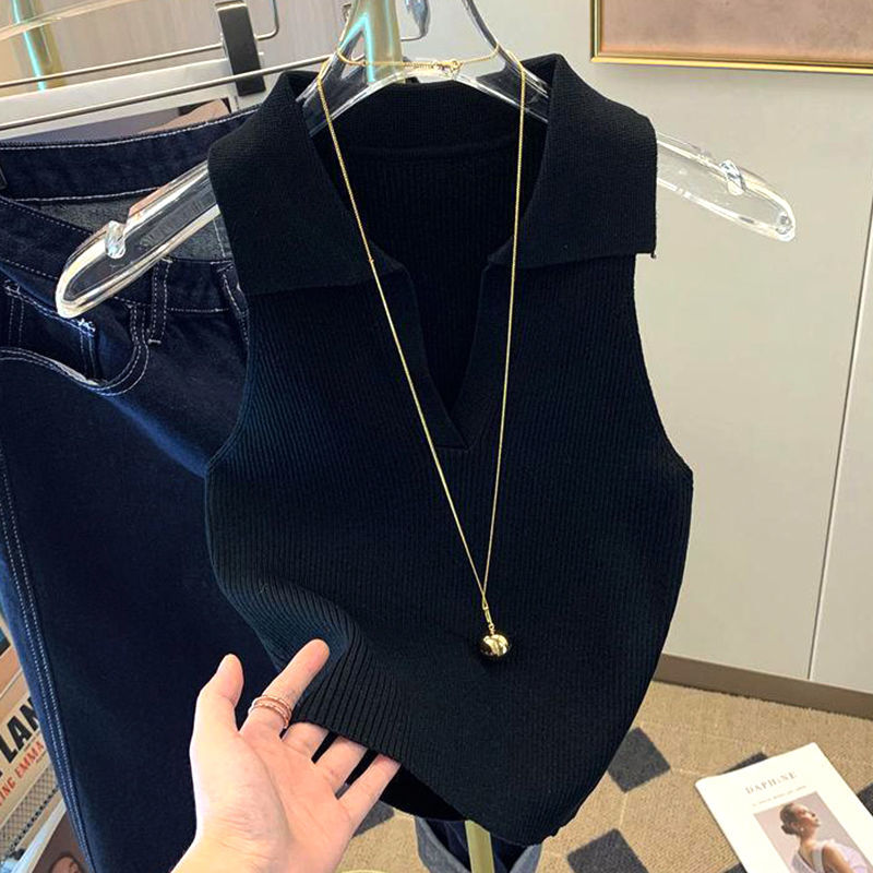Ice Silk Shirt Women's 2022 Summer Wear Knitted Vest New Style Fashion Slim Lapels Sleeveless Knitwear Women's Tank Top