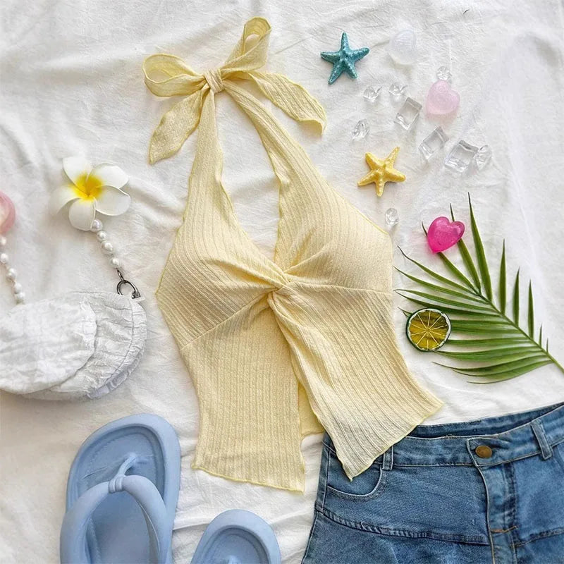 Yellow V-neck Halter Neck Top for Women Summer Y2K Clothes Sexy Sleeveless Backless Crop Top Streetwear