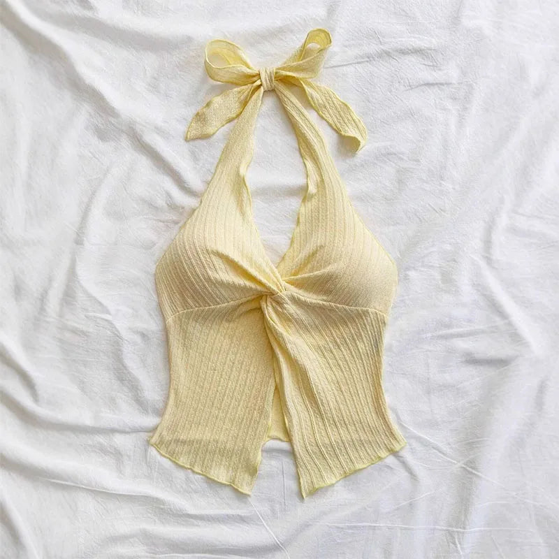Yellow V-neck Halter Neck Top for Women Summer Y2K Clothes Sexy Sleeveless Backless Crop Top Streetwear