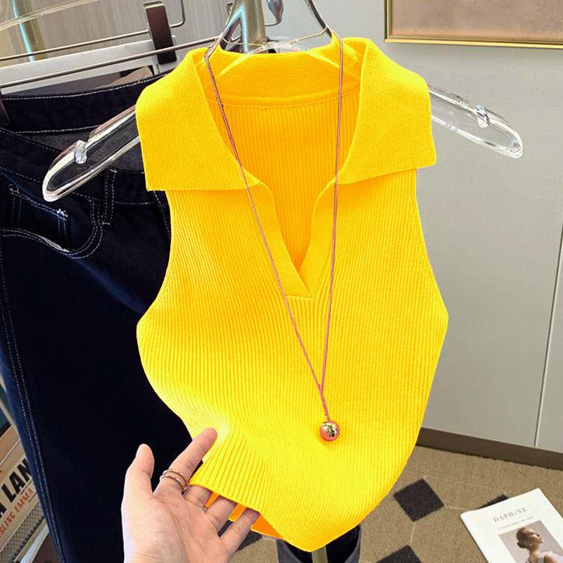 Ice Silk Shirt Women's 2022 Summer Wear Knitted Vest New Style Fashion Slim Lapels Sleeveless Knitwear Women's Tank Top