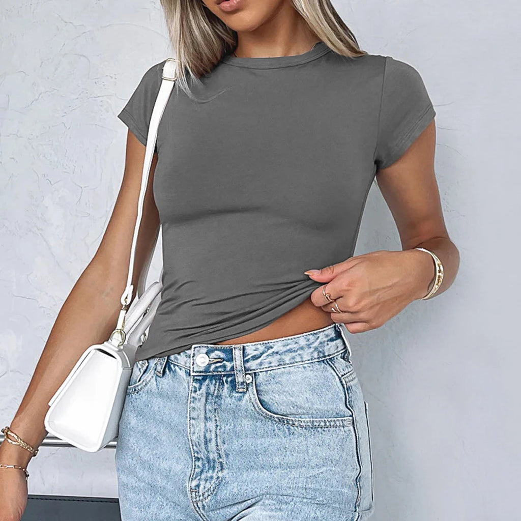 Women Short Sleeve T-shirts Causal O Neck Solid Slim Fit Tee Summer Sexy Basic Crop Top Simple T Shirt Female Y2K Tops Clothes