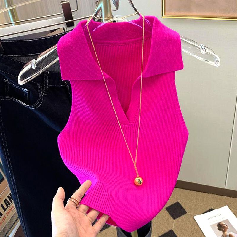 Ice Silk Shirt Women's 2022 Summer Wear Knitted Vest New Style Fashion Slim Lapels Sleeveless Knitwear Women's Tank Top
