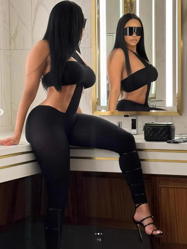 Weird Puss Sexy Backless Jumpsuit Women Halter Sleeveless Waistless Skinny Stretch Midnight Clubwear Fitness Activity Clubwear