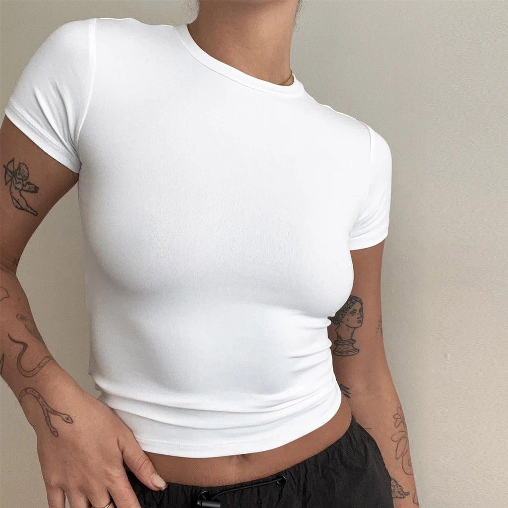 Women Short Sleeve T-shirts Causal O Neck Solid Slim Fit Tee Summer Sexy Basic Crop Top Simple T Shirt Female Y2K Tops Clothes