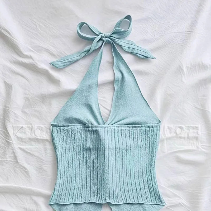 Yellow V-neck Halter Neck Top for Women Summer Y2K Clothes Sexy Sleeveless Backless Crop Top Streetwear