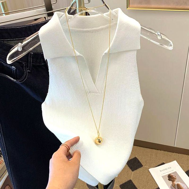 Ice Silk Shirt Women's 2022 Summer Wear Knitted Vest New Style Fashion Slim Lapels Sleeveless Knitwear Women's Tank Top