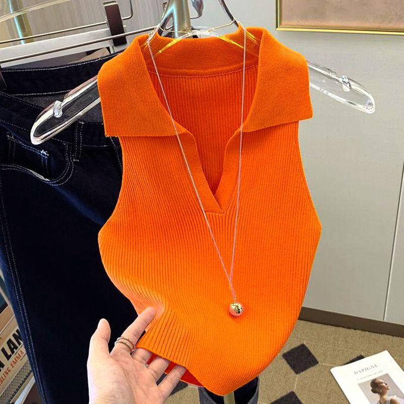 Ice Silk Shirt Women's 2022 Summer Wear Knitted Vest New Style Fashion Slim Lapels Sleeveless Knitwear Women's Tank Top