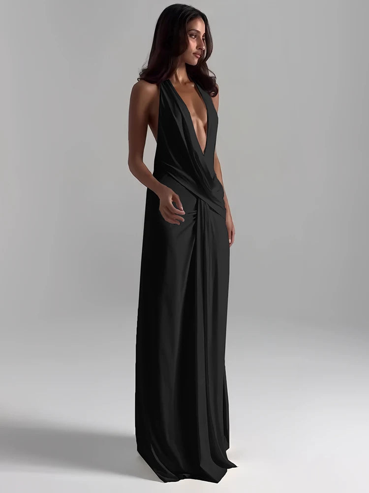 Sisterlinda Sexy High Splits Long Dress Women Halter Deep V-Neck Backless Sleeveless Summer Pool Party Ruched Elegant Vestidos