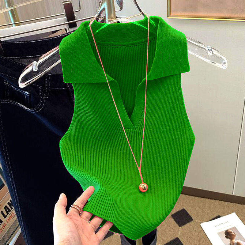 Ice Silk Shirt Women's 2022 Summer Wear Knitted Vest New Style Fashion Slim Lapels Sleeveless Knitwear Women's Tank Top